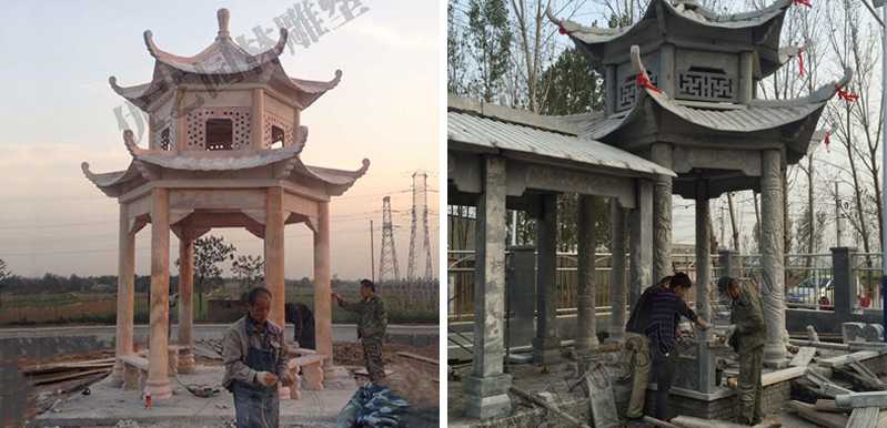 中式大理石涼亭安裝，石雕景觀亭子工廠，中式涼亭廠家